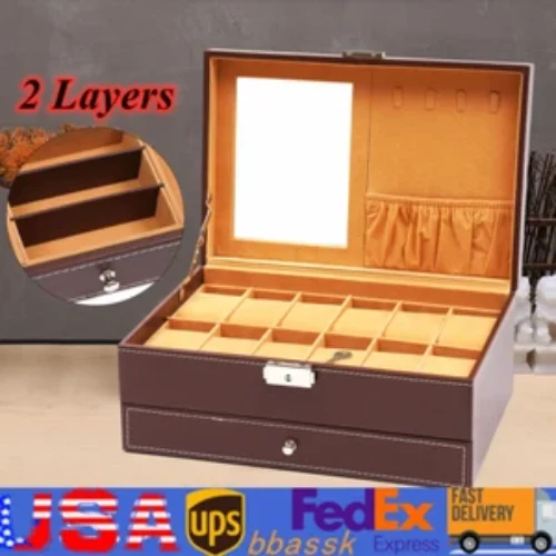 QWATCH Watch Stand Display Case – Acrylic Watch Box for 2 or 4 Watches with Jewelry Valet Tray and Drawer