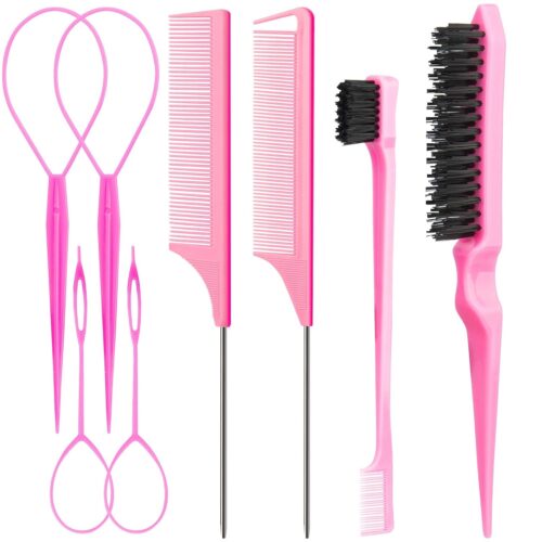 Aigee 8Pcs Hair Styling Combs Set Include 4Pcs Topsy Hair Tail Tools 2 Styles of Rat Tail Comb,1Pcs Bristle Teasing Slick Back hair Brush,1Pcs Edge Control Brush,Eyebrow Brush…
